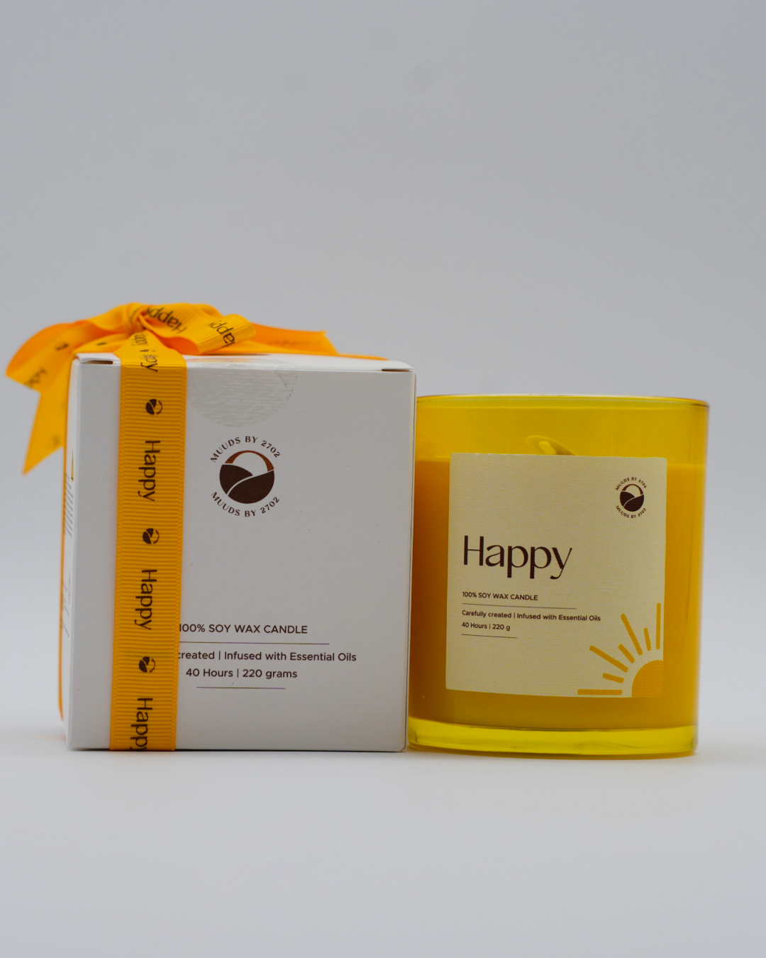 Yellow candle and packaging with 'Happy' text on a gray background