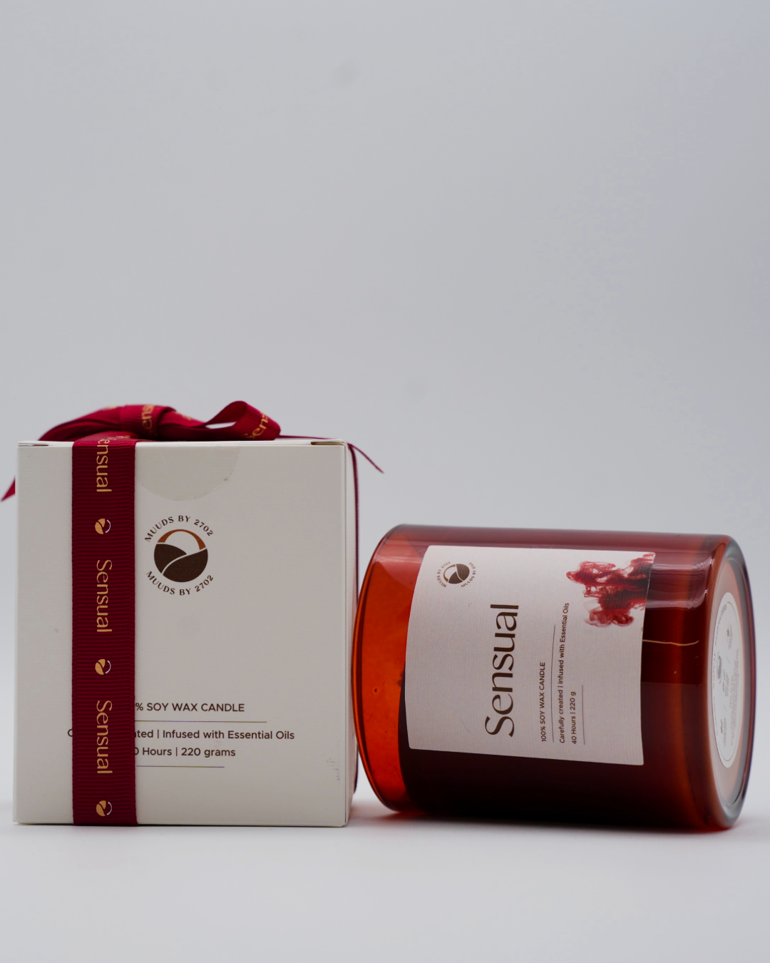 Sensual candle and packaging on a light gray background