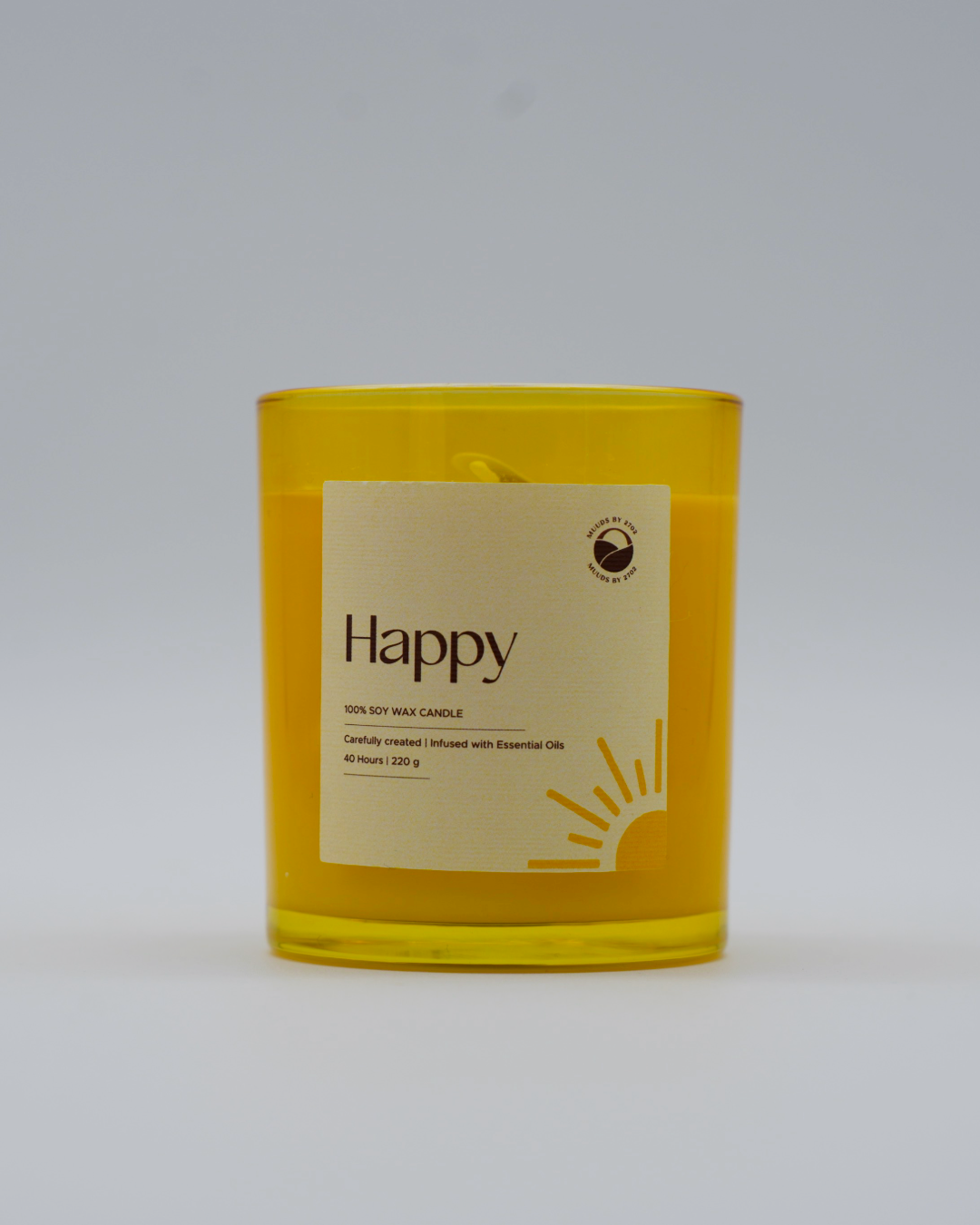 Yellow candle with a 'Happy' label on a white background